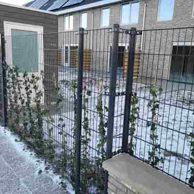 En sneklædt have er omringet af et flot panelhegn