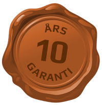 Et billede af en voksforsegling med teksten 10 års garanti.
