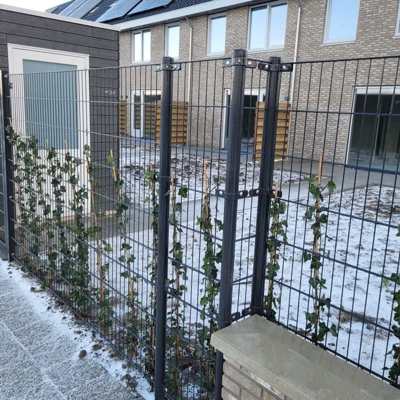 En sneklædt have er omringet af et flot panelhegn