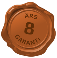 Et billede af en voksforsegling med teksten 8 års garanti.