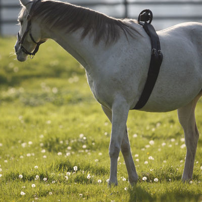 På en mark går en gravid, hvid hest med en folealarm om maven