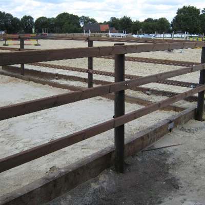 Paddock med tre lægter. I baggrunden ses en springbane.