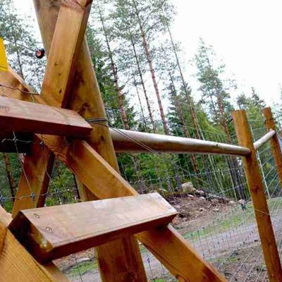 I forgrunden ses en trappe, der giver mennesker mulighed for at passere et skovhegn.