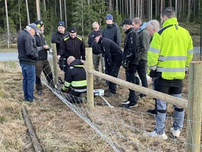 Svenske Poda-centre samlet til en udendørs træningssession, hvor deltagerne lærer en ny hegnsteknik omkring et nethegn i skovkanten.