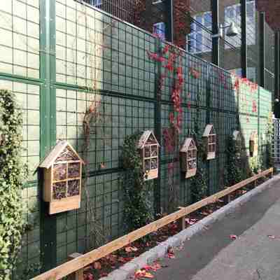 Et Noistop® Steel støjhegn fra Poda Hegn opsat rundt om en boldbane ved en beboelsesejendom til afskærmning af støj