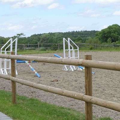 Bag et hestehegn med halvskårne lægter ses en ridebane med spring.