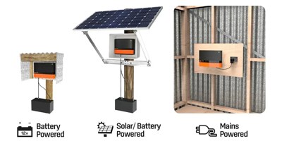 3 forskellige strømgivere vises. En på batterri, en soldrevet og en til stikkontakt