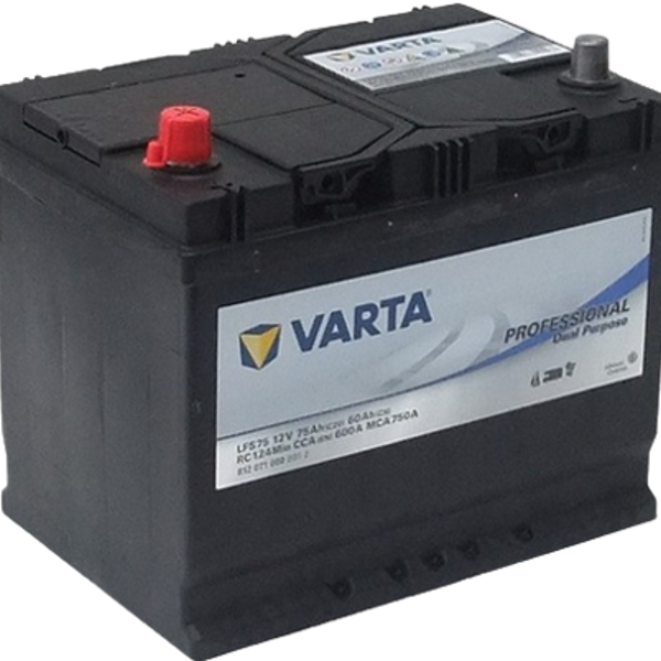 Batteri fra mærket VARTA til spændingsgiver med rødt pluspol og gråt minuspol. Batteriet har etiketten "VARTA PROFESSIONAL Dual Purpose" og er designet til energiforsyning.