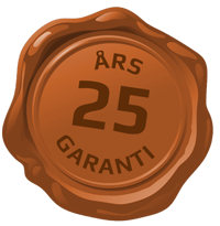 Et billede af en voksforsegling med teksten 25 års garanti.