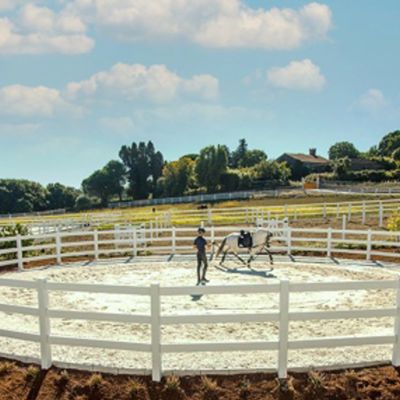 En hestetræner fører en hvid hest rundt i en roundpen. Roundpennen består af et hvidt hestehegn i hvid plast.