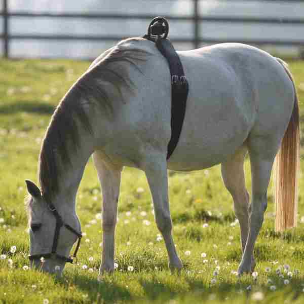 En hest står og græsser på marken med en folealarm på